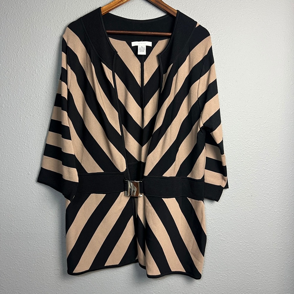 Grace XL Black Beige Striped Sweater Knit Top Buckle Belted 3/4 SL Heavyweight
